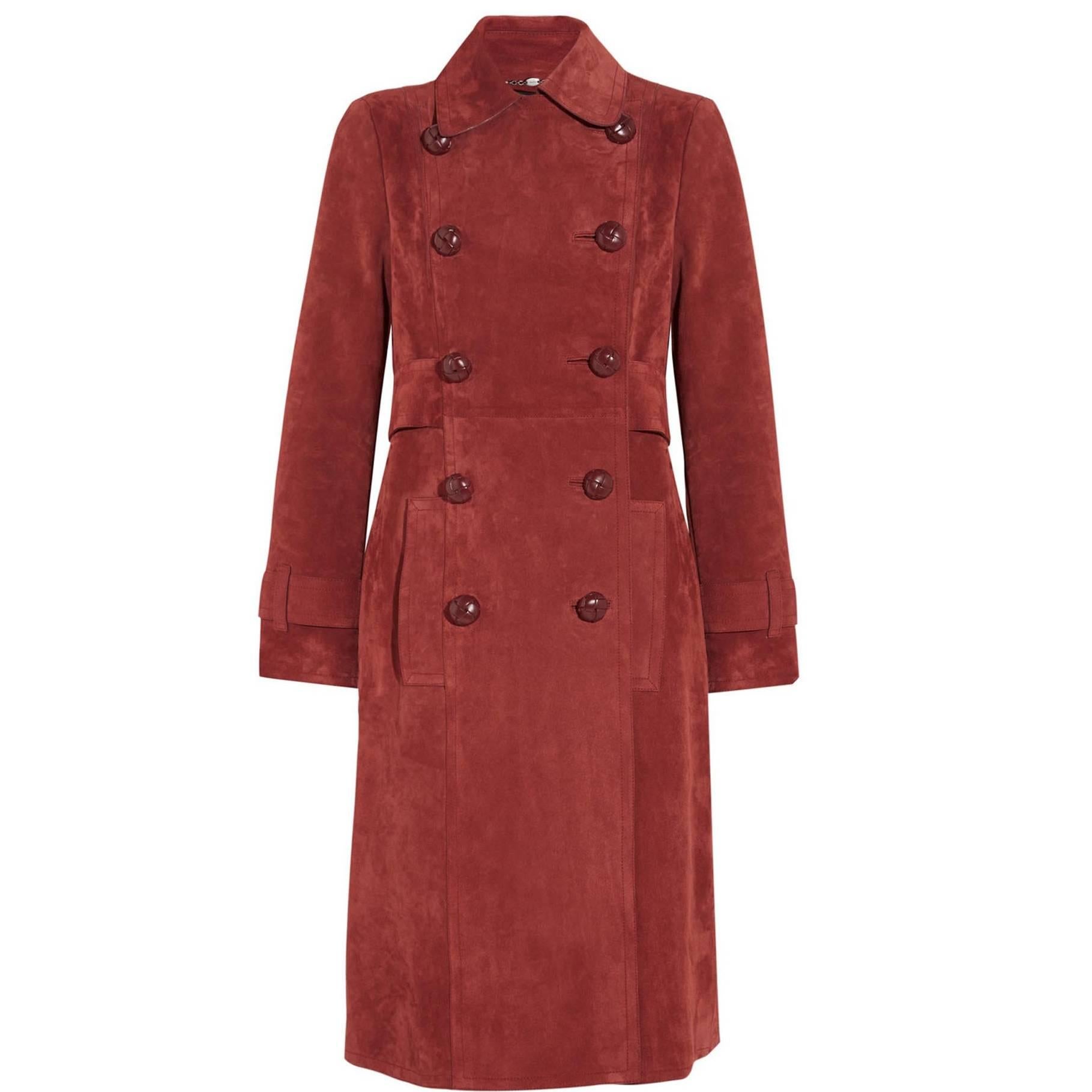 New Gucci Brick Red Suede Belted Leather Buttons Women's Trench Coat It. 40