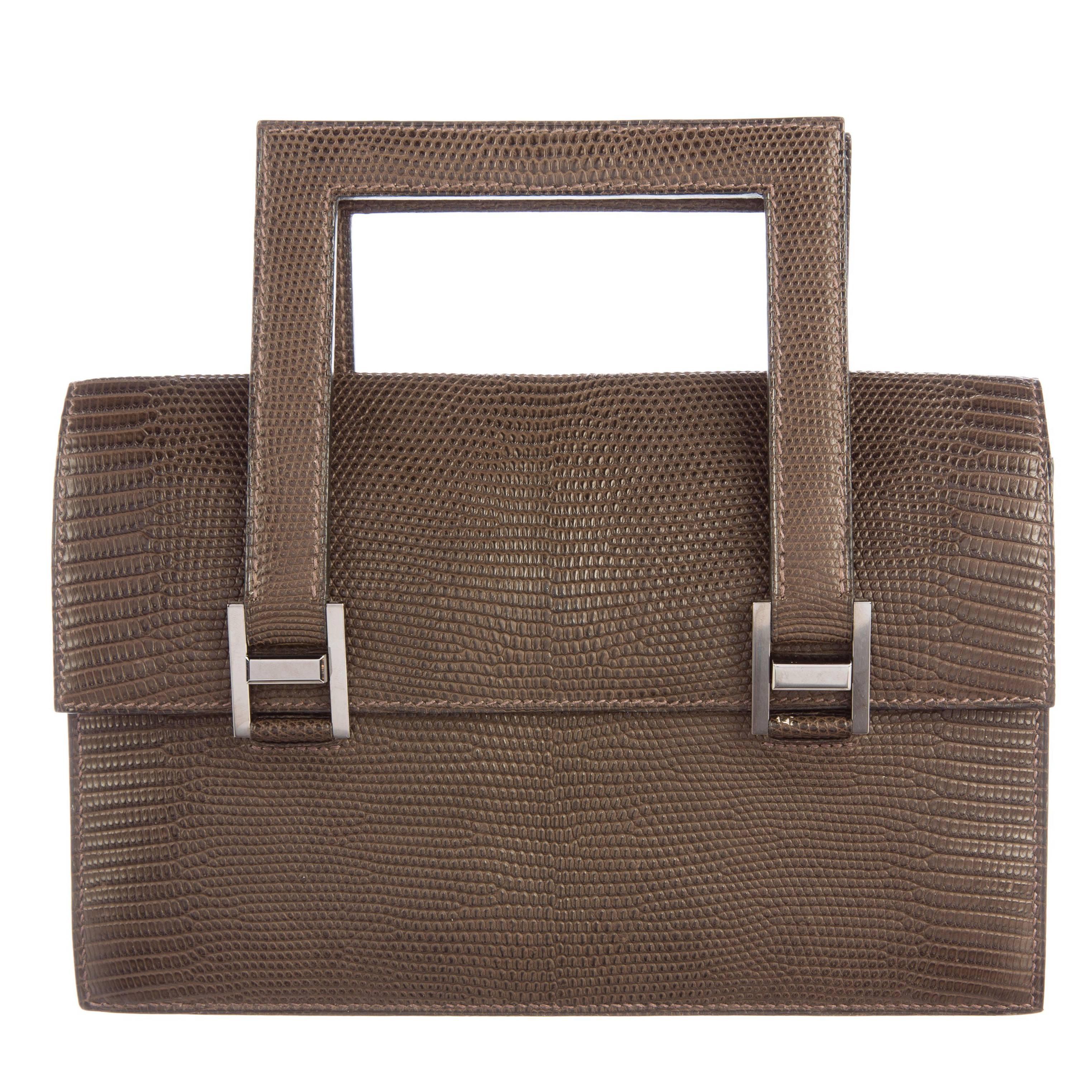 Hermes 'H' Buckle Taupe Reptile Leather Top Handle Satchel Evening Flap Bag