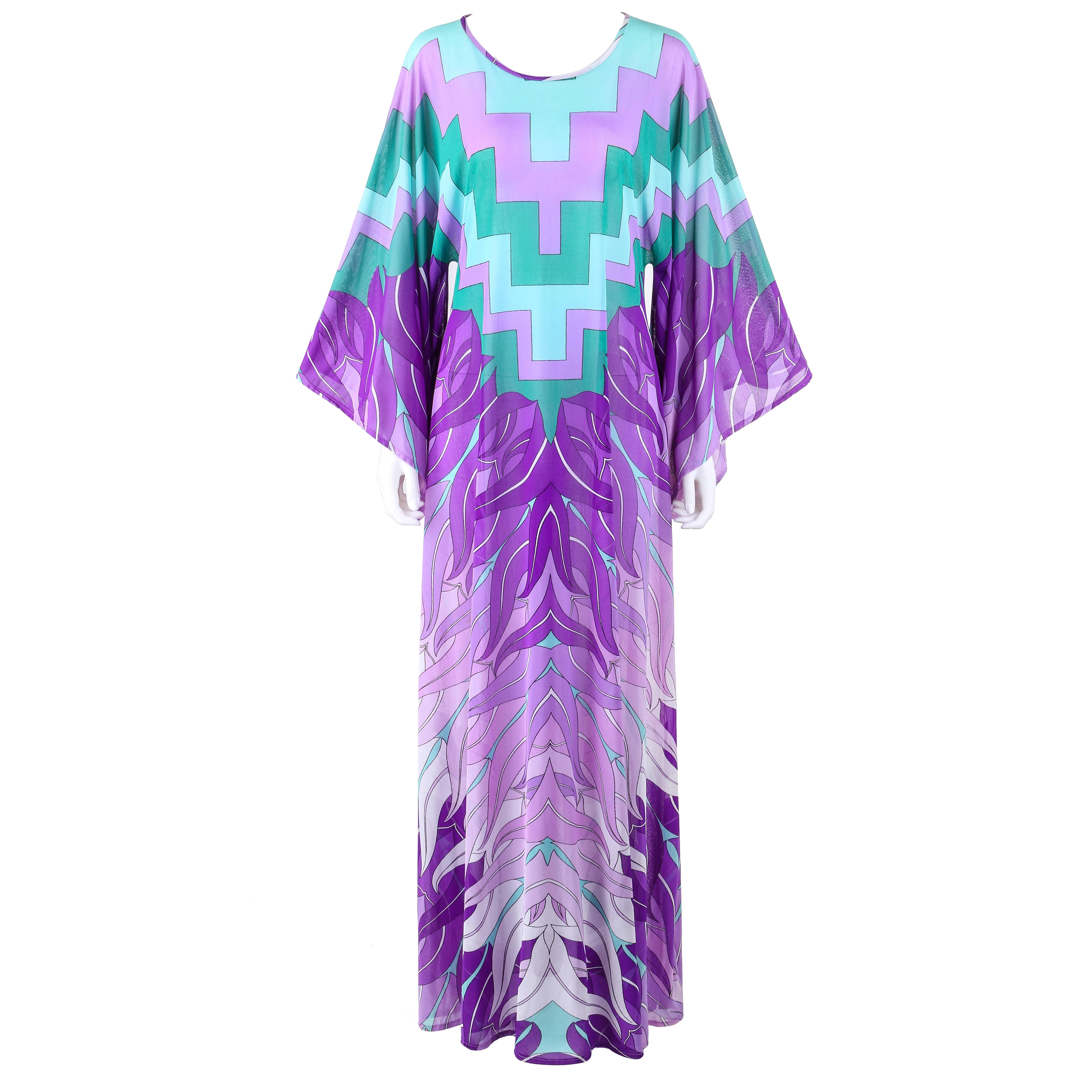 GOTTEX c.1970's Geometric Botanical Print Beach Caftan Chiffon Kimono Dress