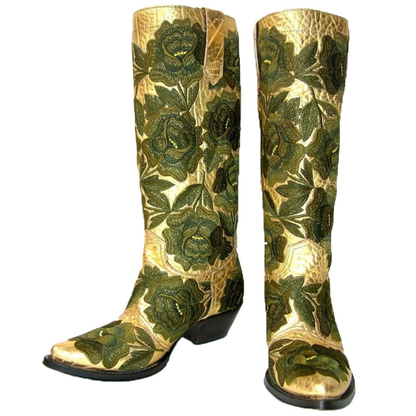 New GIANNI BARBATO Western Bullhide Leather Embroidered Boots Hand-Made It 37- 7 For Sale