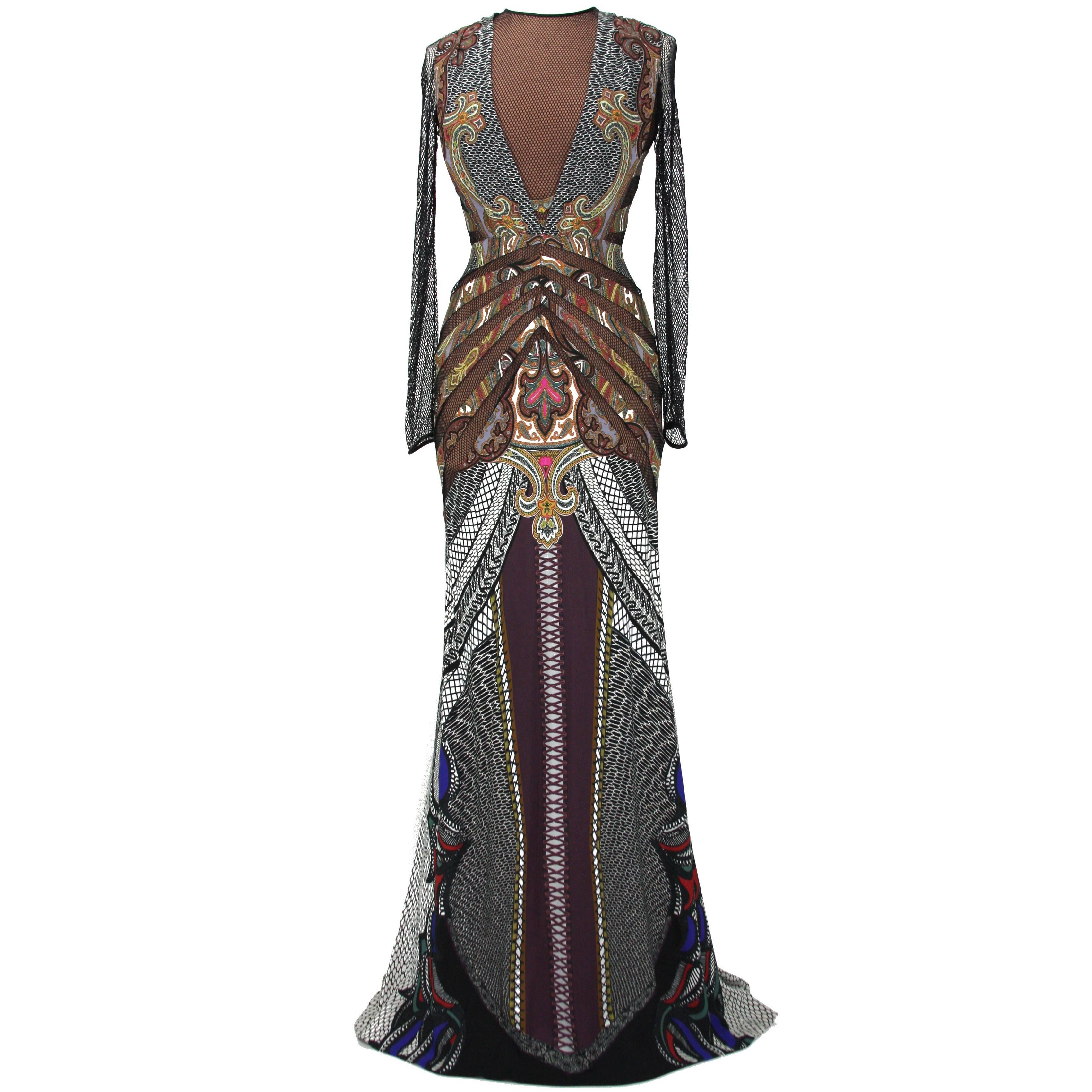 New $5780 ETRO Runway Printed Stretch Dress Gown with Mesh Details It 42 - US 6