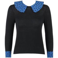 LOUIS VUITTON S/S 2005 Black & Blue Polkadot Cashmere Silk Button Back Sweater