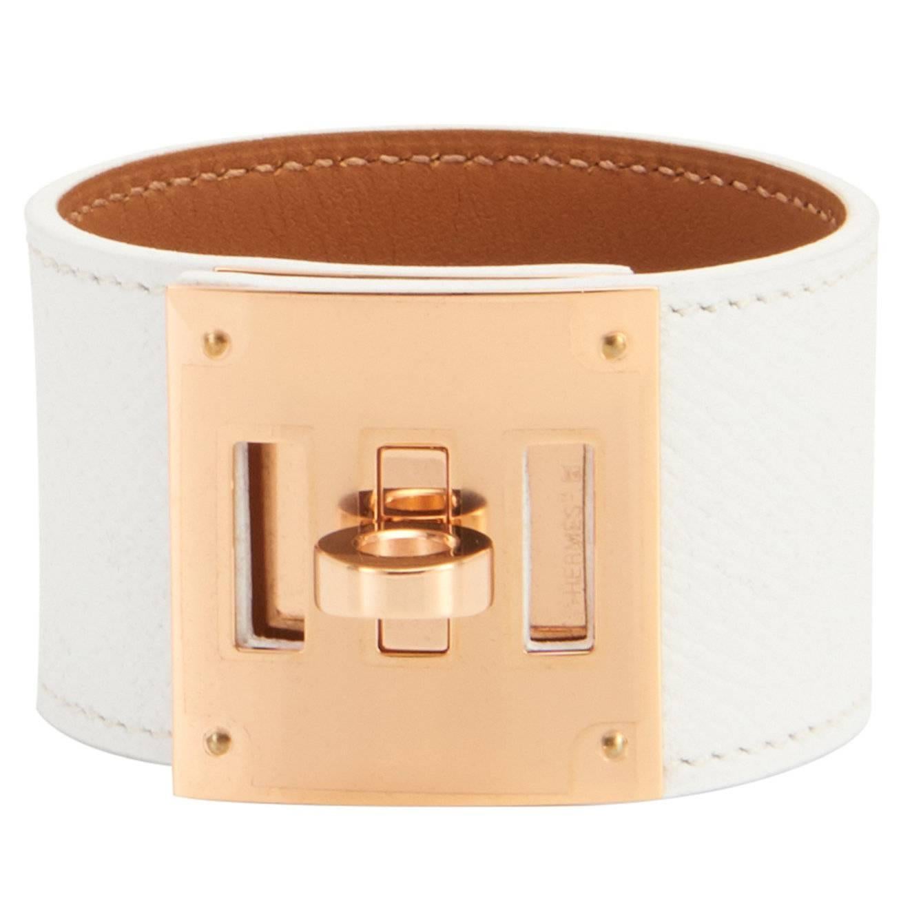 Hermes White Epsom Kelly Dog Leather Cuff Bracelet with Gold Hardware
