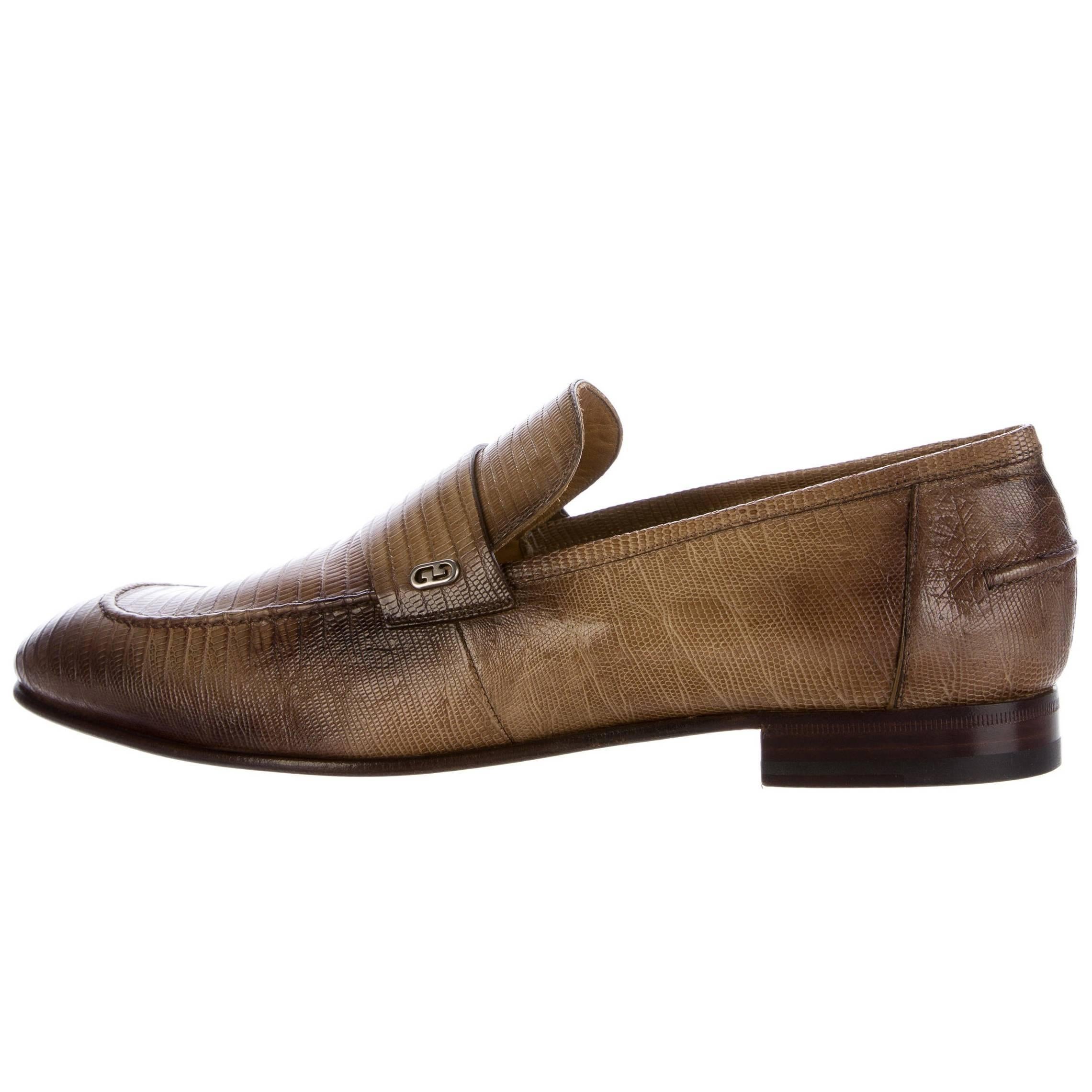 Gucci NEW Men
s Brown Tan Lizard Skin Leather Slippers Loafers Shoes in Box