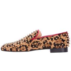 Used Christian Louboutin NEW Men's Leopard Calf Hair Stud Slipper Shoes Loafers