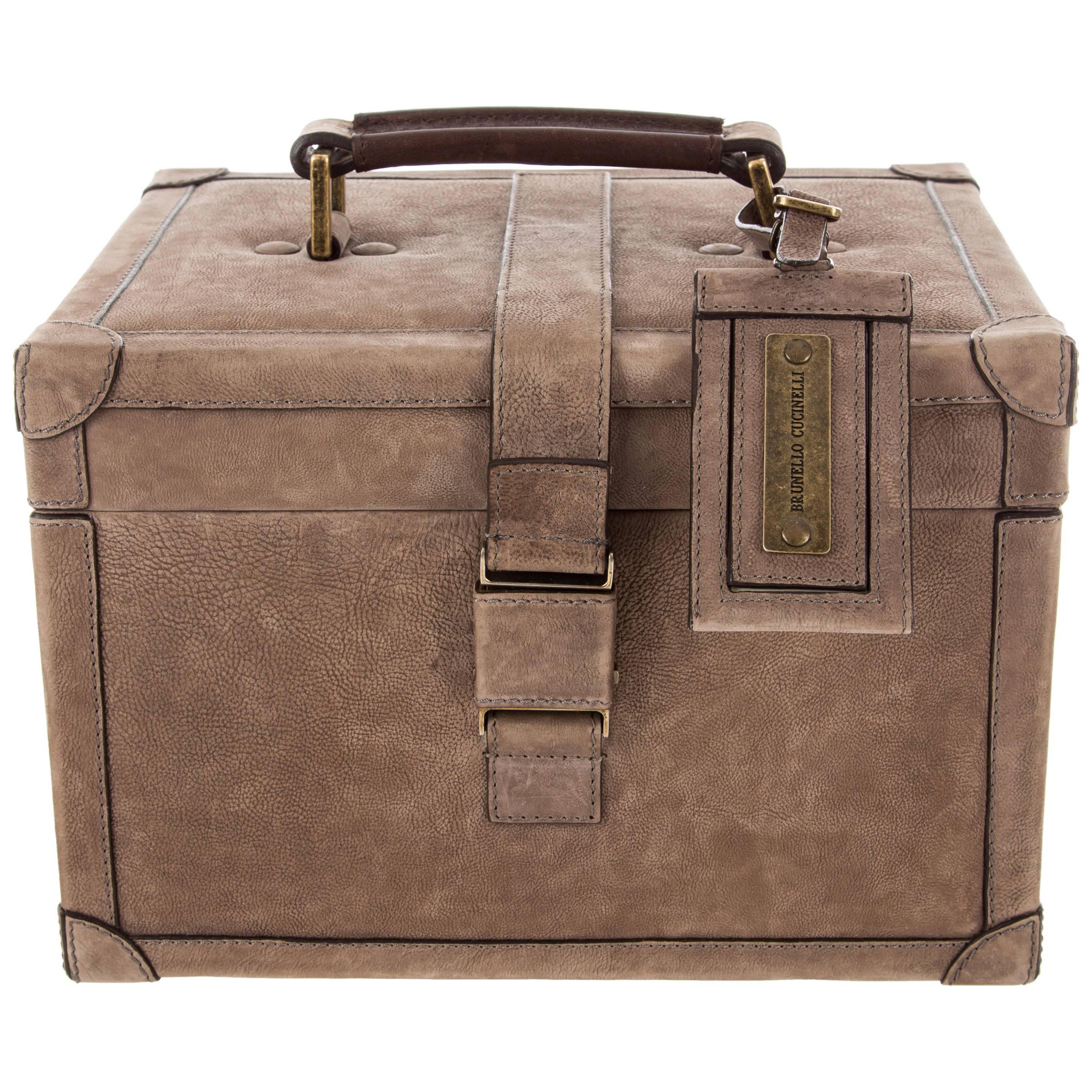 Brunello Cucinelli Brown Suede Top Handle Satchel Vanity Travel Storage Case Bag