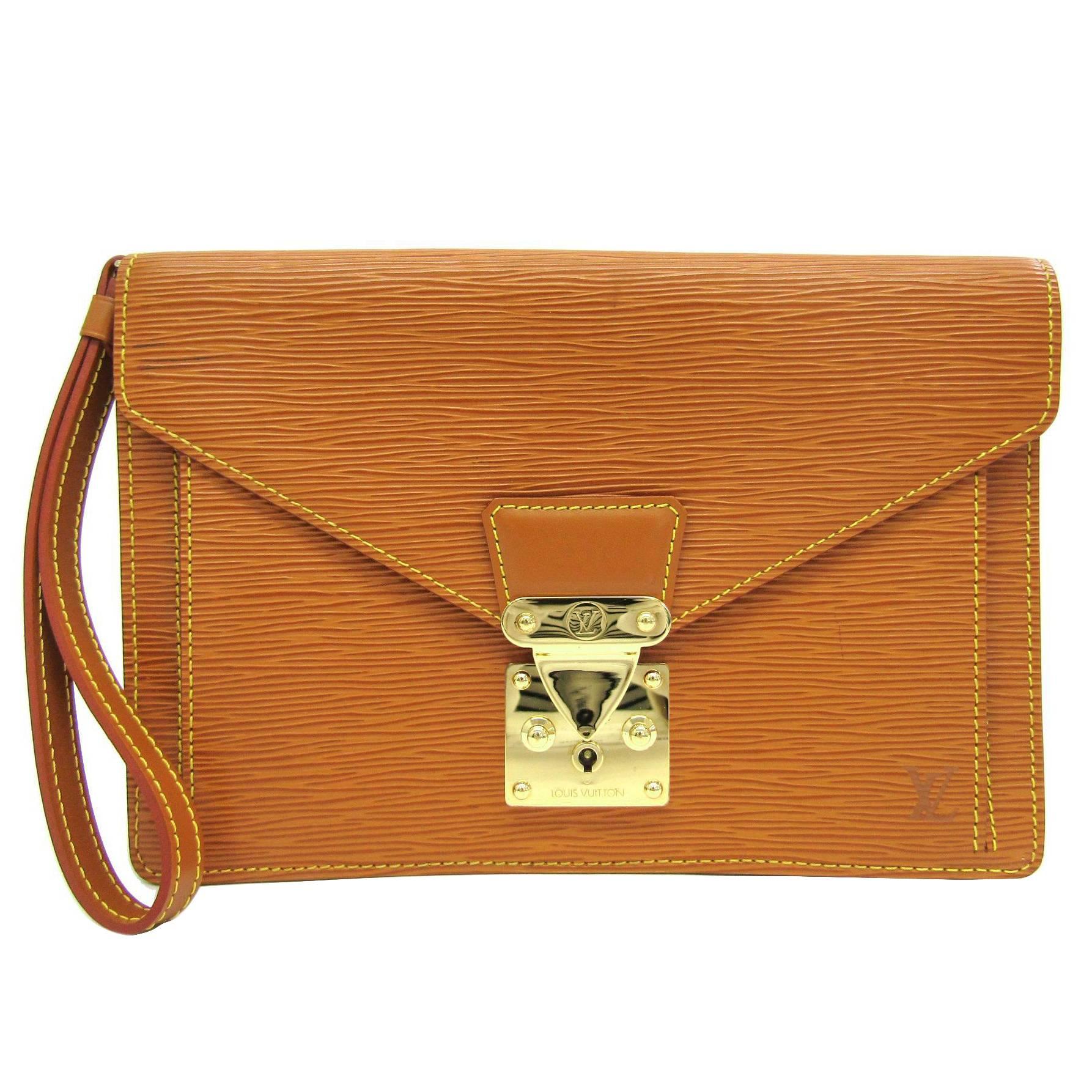 Louis Vuitton Cognac Epi Gold Envelope Wristlet Evening Flap Clutch Bag