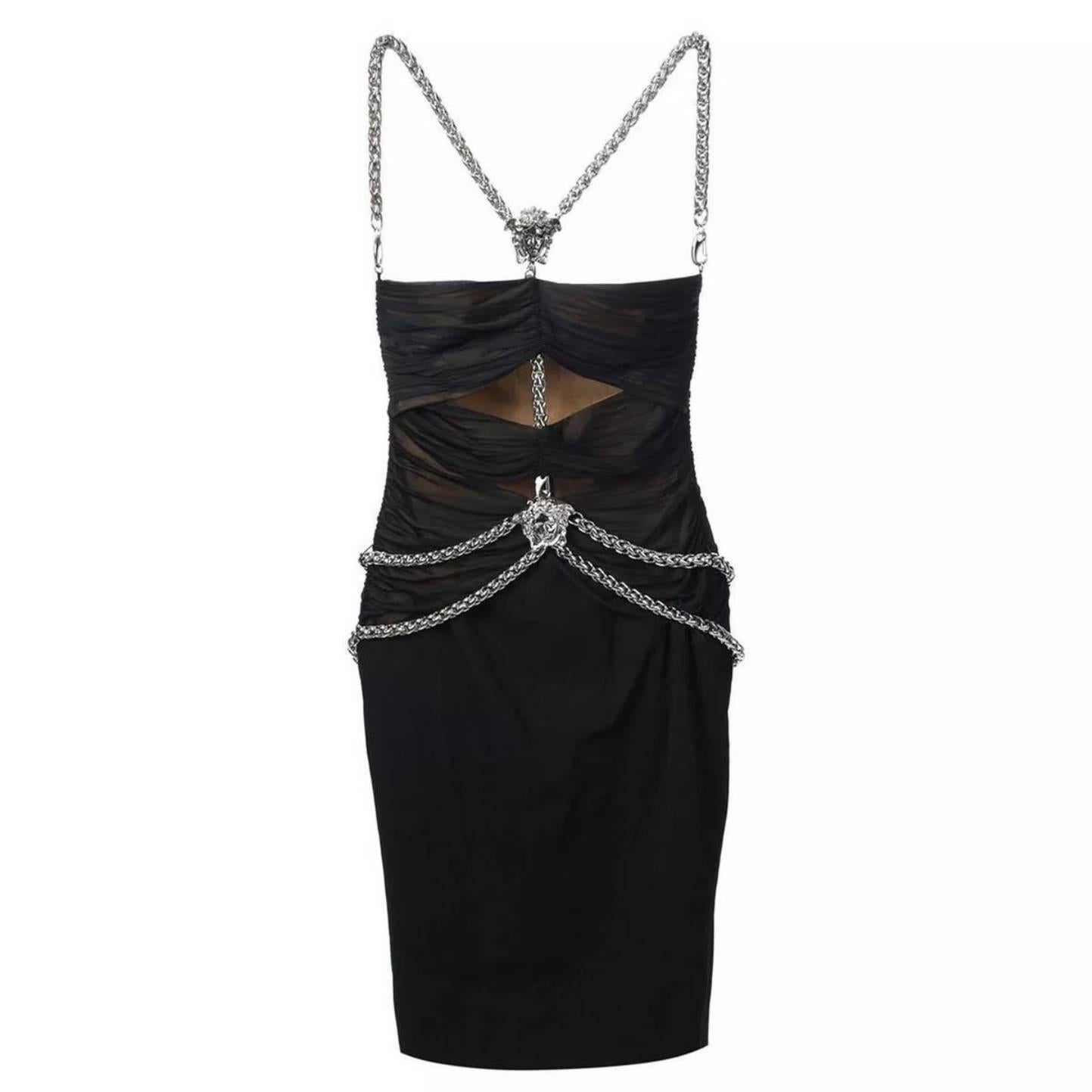 Amazing Black Versace Tulle Medusa Chain Cutout Bodycon Dress