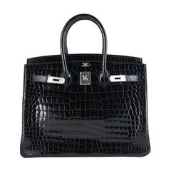 Hermès - Sac Birkin 35 noir en crocodile et alligator avec finitions métalliques en palladium