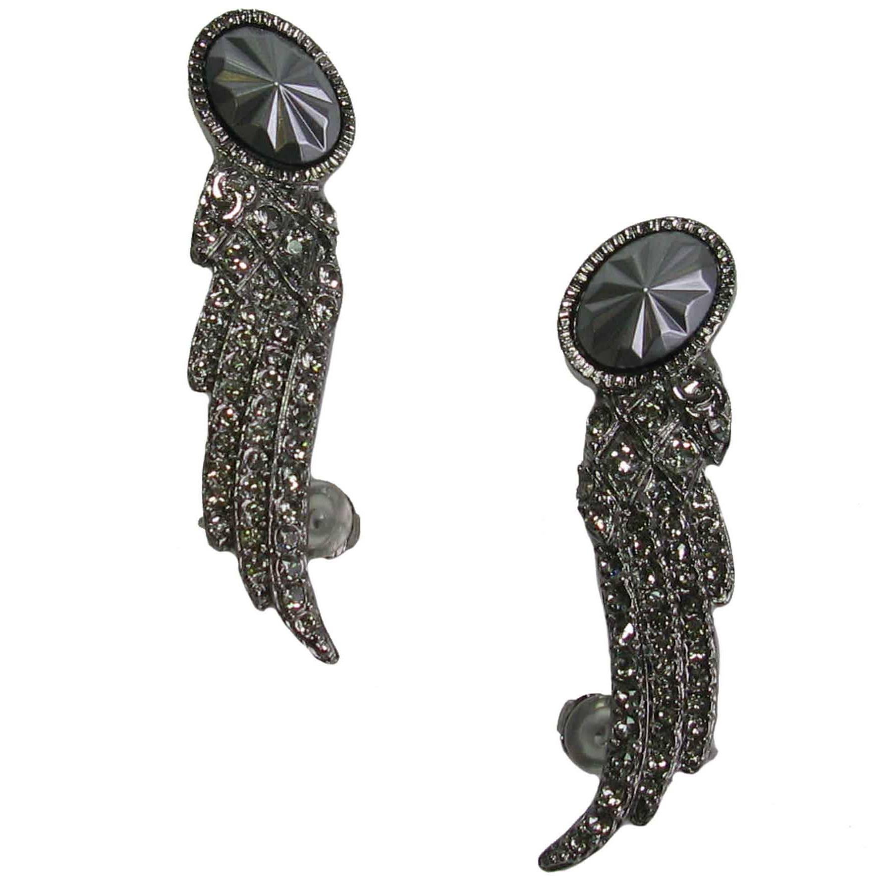 CHANEL Wings Earclips in Aged Silver Metal and Rhinestones