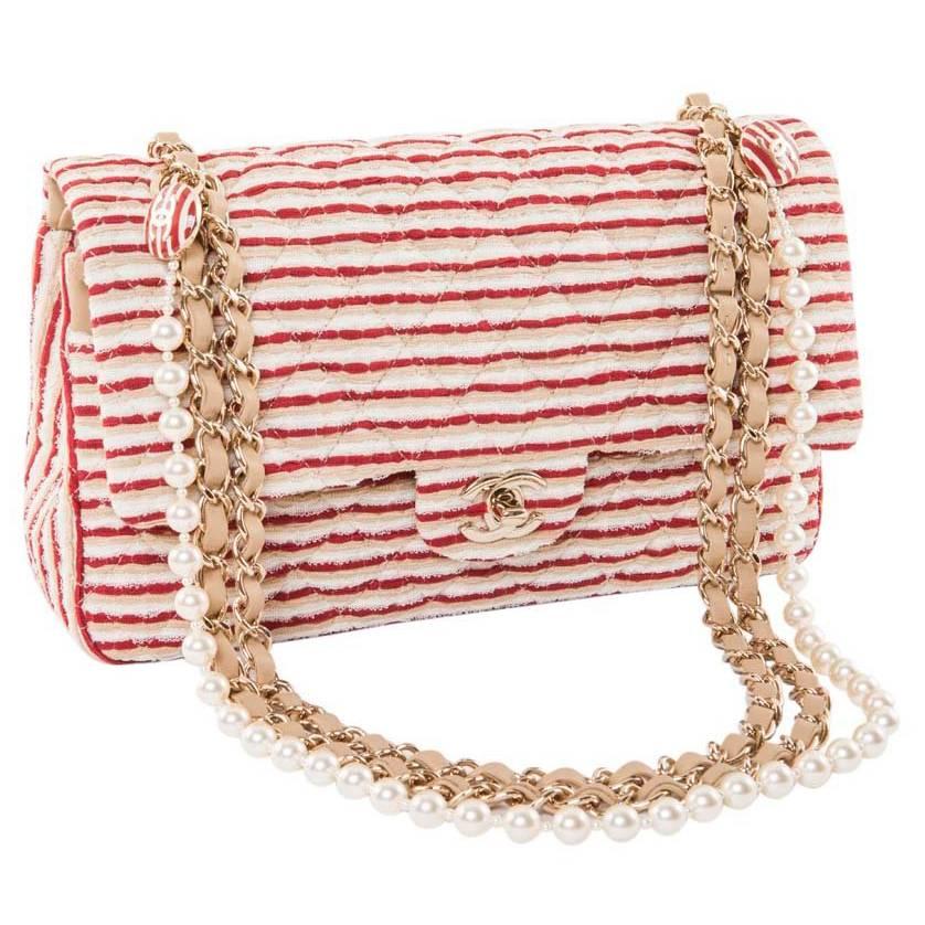 CHANEL Timeless Flap Shoulder Bag in Fabric, Tricolor Lace and Pearls Chain
