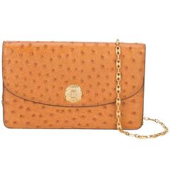 Celine Rare Vintage Cognac Ostrich 2 in 1 Evening Clutch Chain Shoulder Flap Bag 5