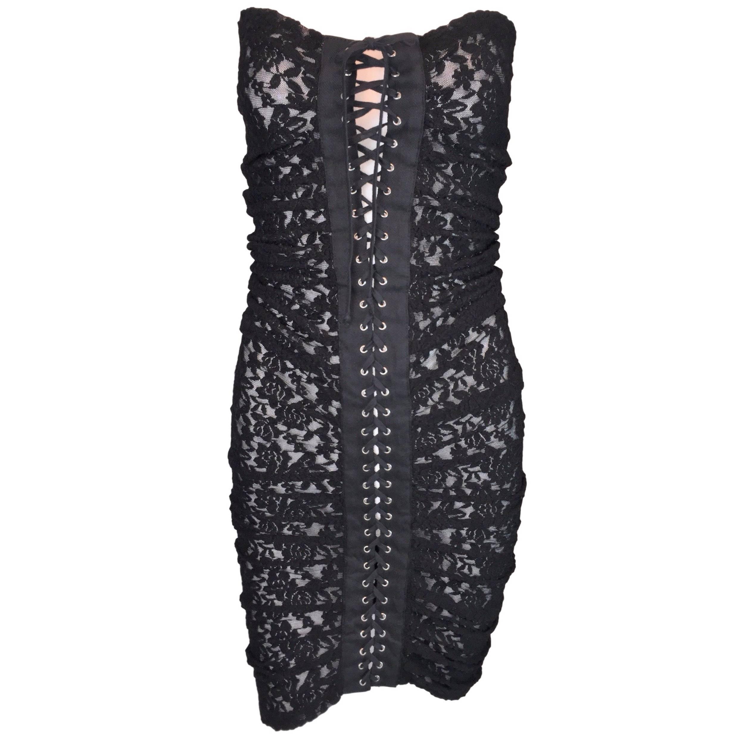 S/S 2006 D&G Dolce & Gabbana Black Lace Mesh Corset Strapless Mini Dress