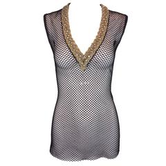 S/S 2001 Dolce & Gabbana Crystal & Bead Embellished Black Fishnet Tunic Top 5