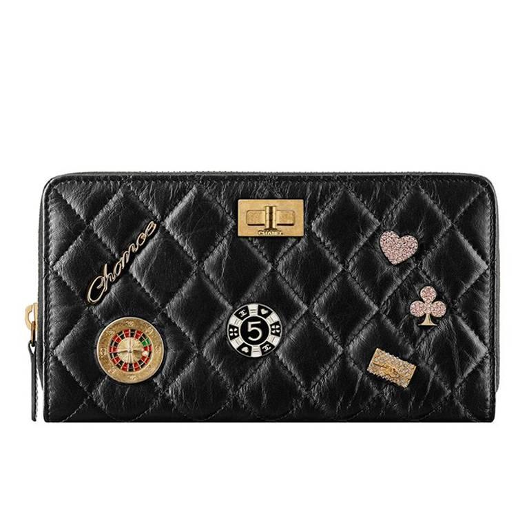 Chanel 2016 Black Casino Lucky Charms Distressed Calfskin Reissue Wallet Purse For Sale