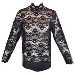 1980's Christian Dior Victorian Black Sheer Lace Bodysuit Blouse Top S/M