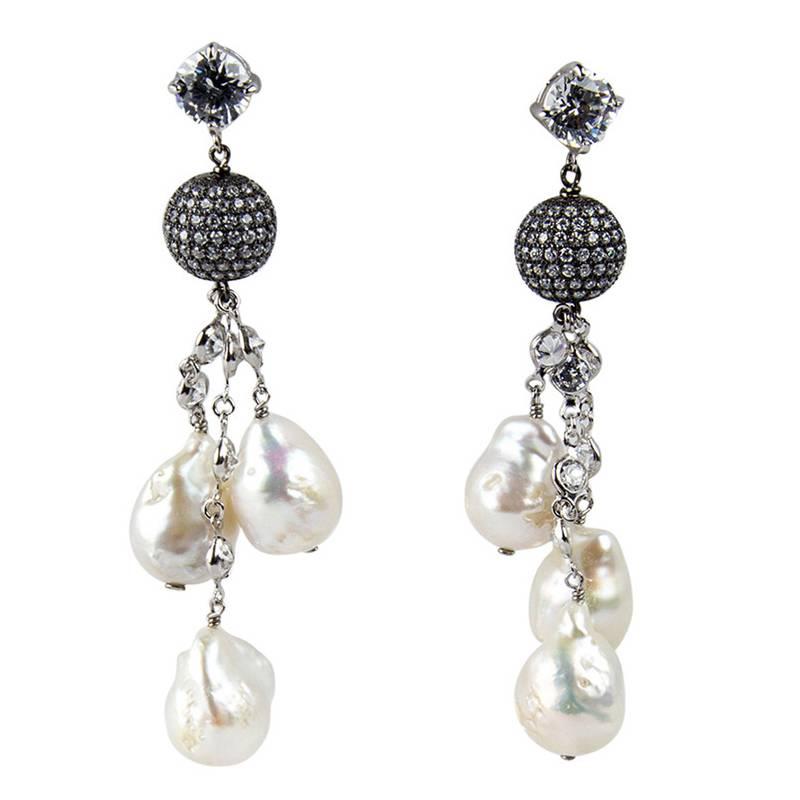 Pearl and CZ Sterling Silver Statement Drop Earrings For Sale