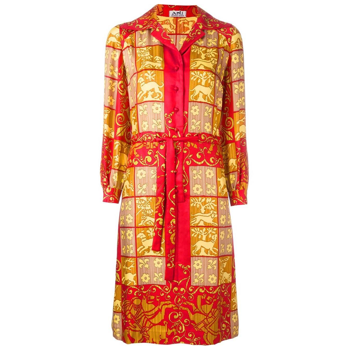 1970s Hermès silk baroque printed shirt dress For Sale