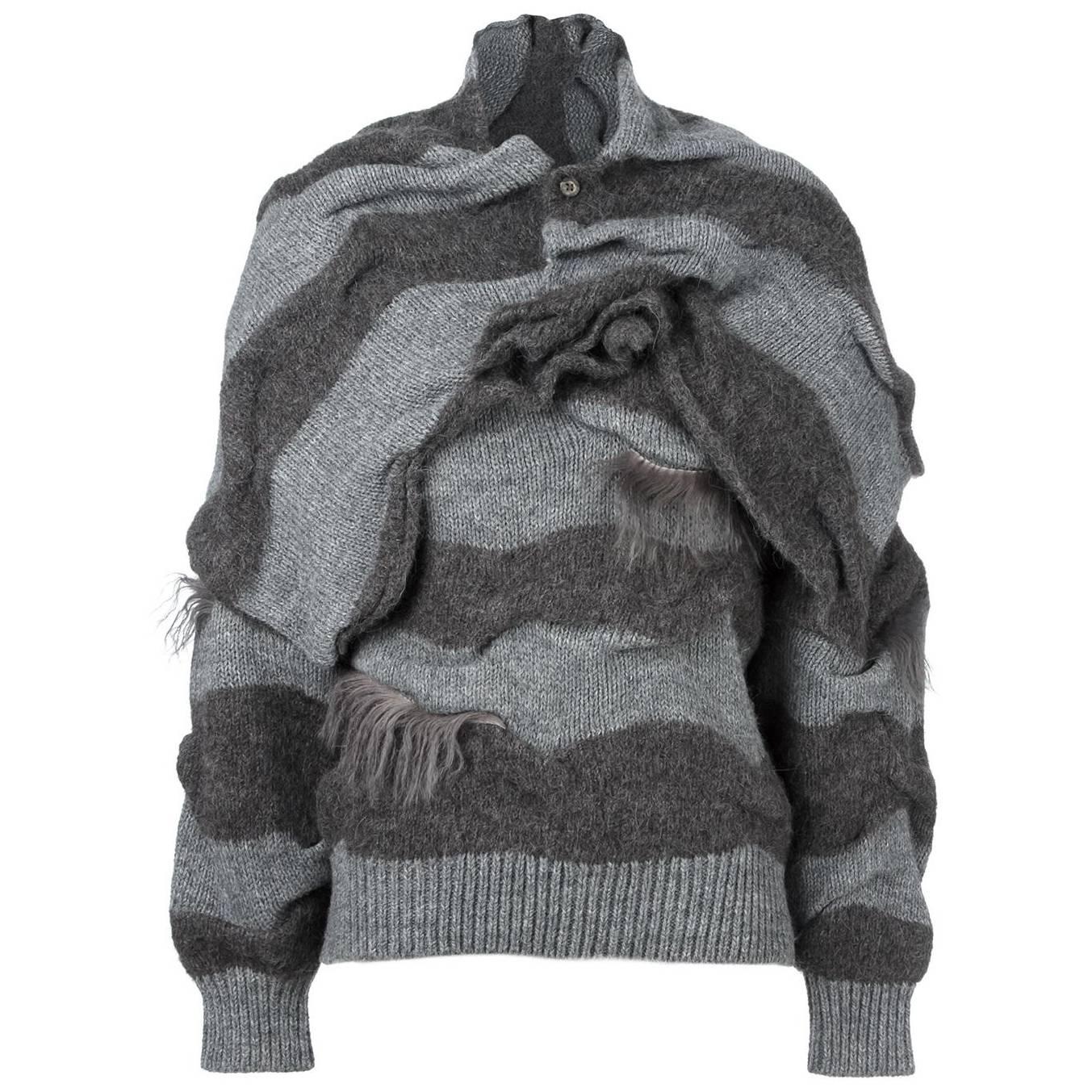 1980s ISSEY MIYAKE two piece striped jumper with fur trims and shawl For Sale