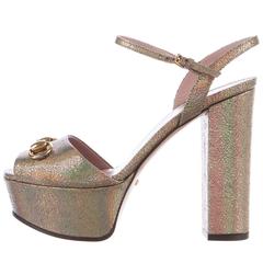 Gucci New Metallic Leather Gold Horsebit Mary Jane Heels Sandals in Box