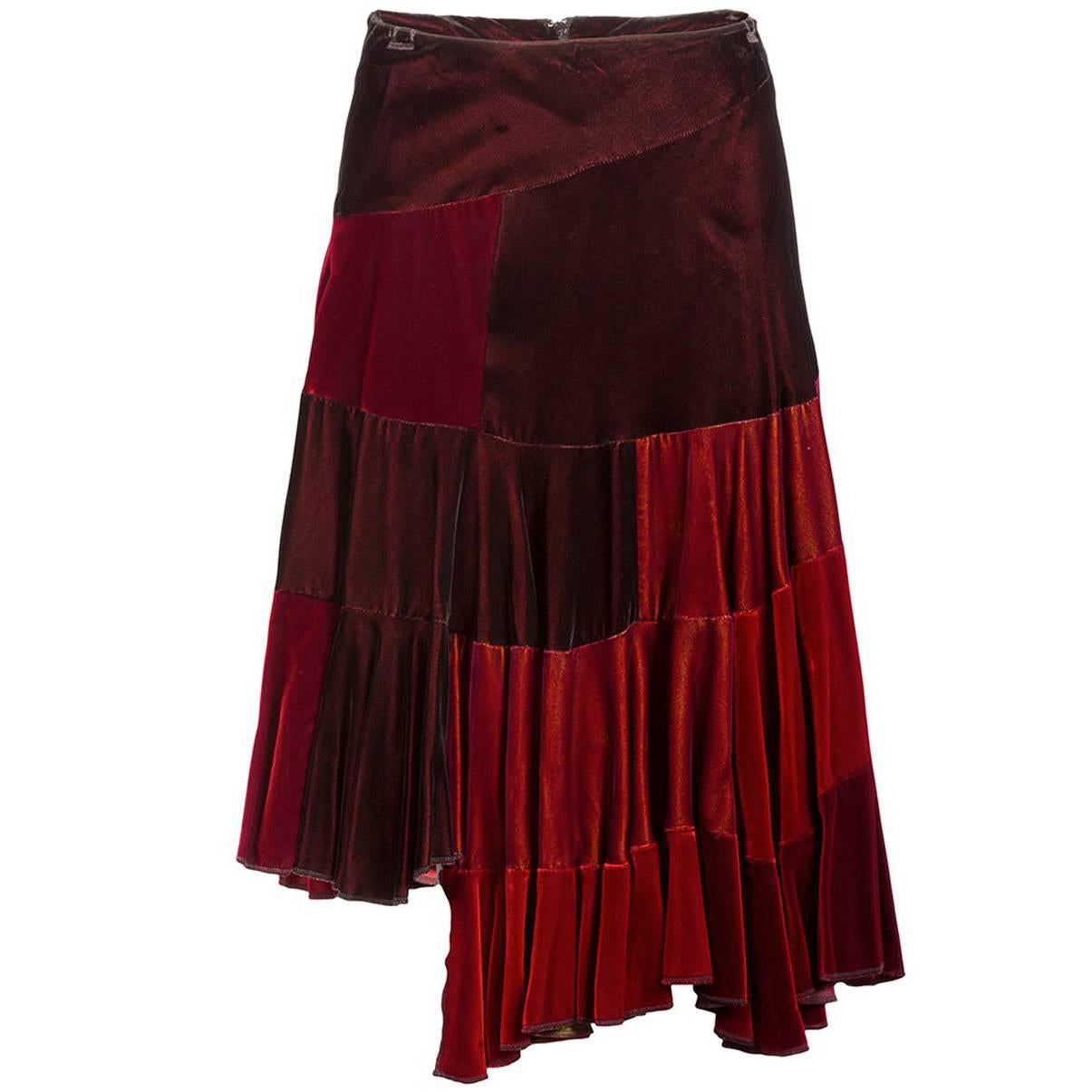 Comme des Garçons Red Velvet Asymmetric Patchwork Skirt For Sale