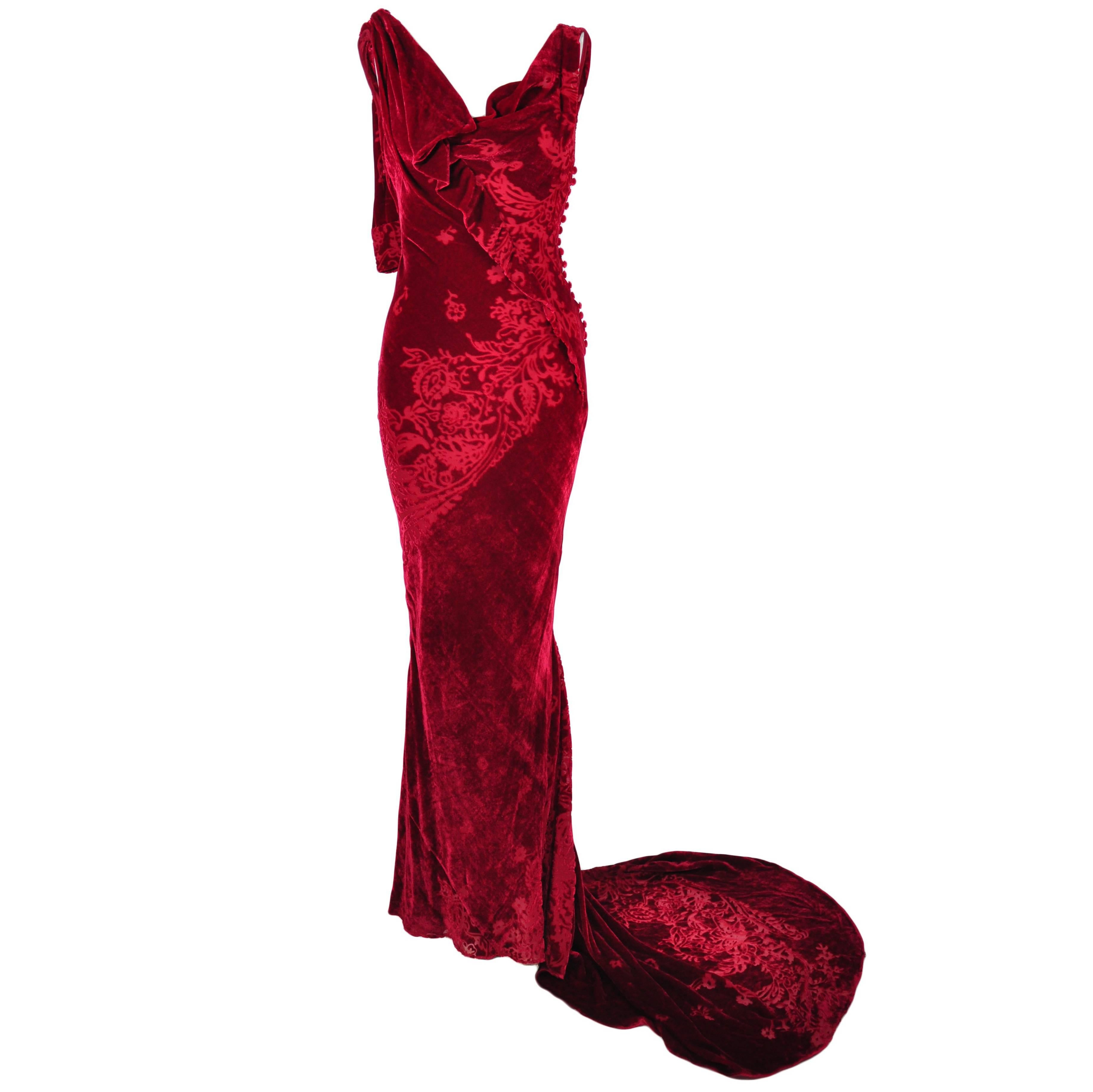 John Galliano Red Velvet Jacquard Bias-cut Evening Gown For Sale