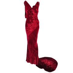 John Galliano Red Velvet Jacquard Bias-cut Evening Gown