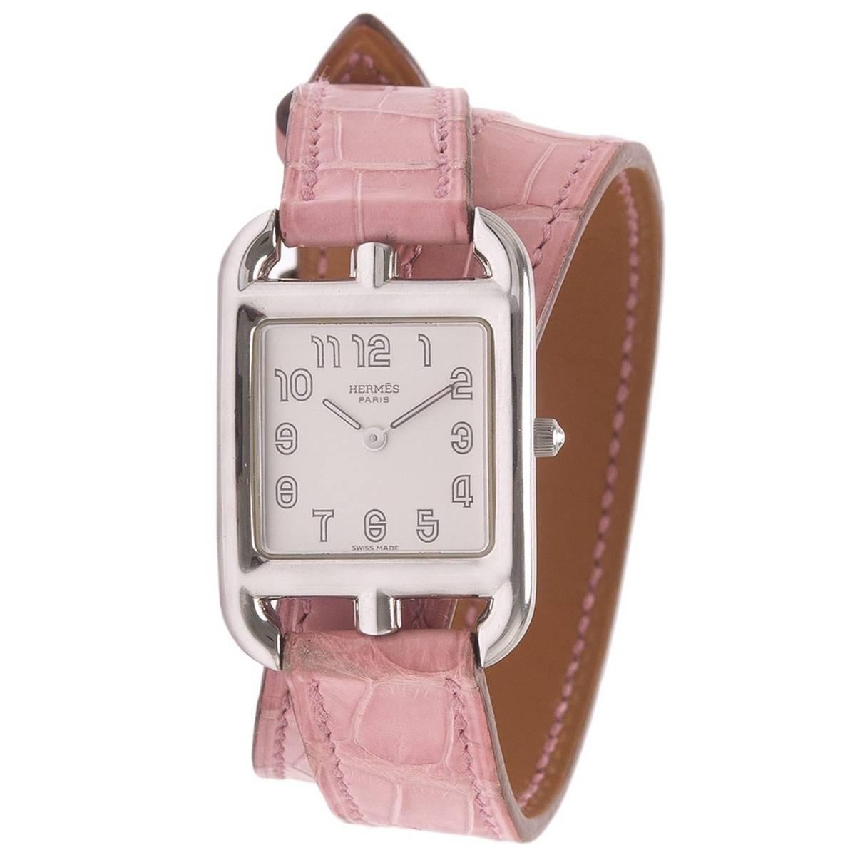 Hermes Stainless Steel Cape Cod Pink Alligator Double Tour Band Quartz Watch For Sale