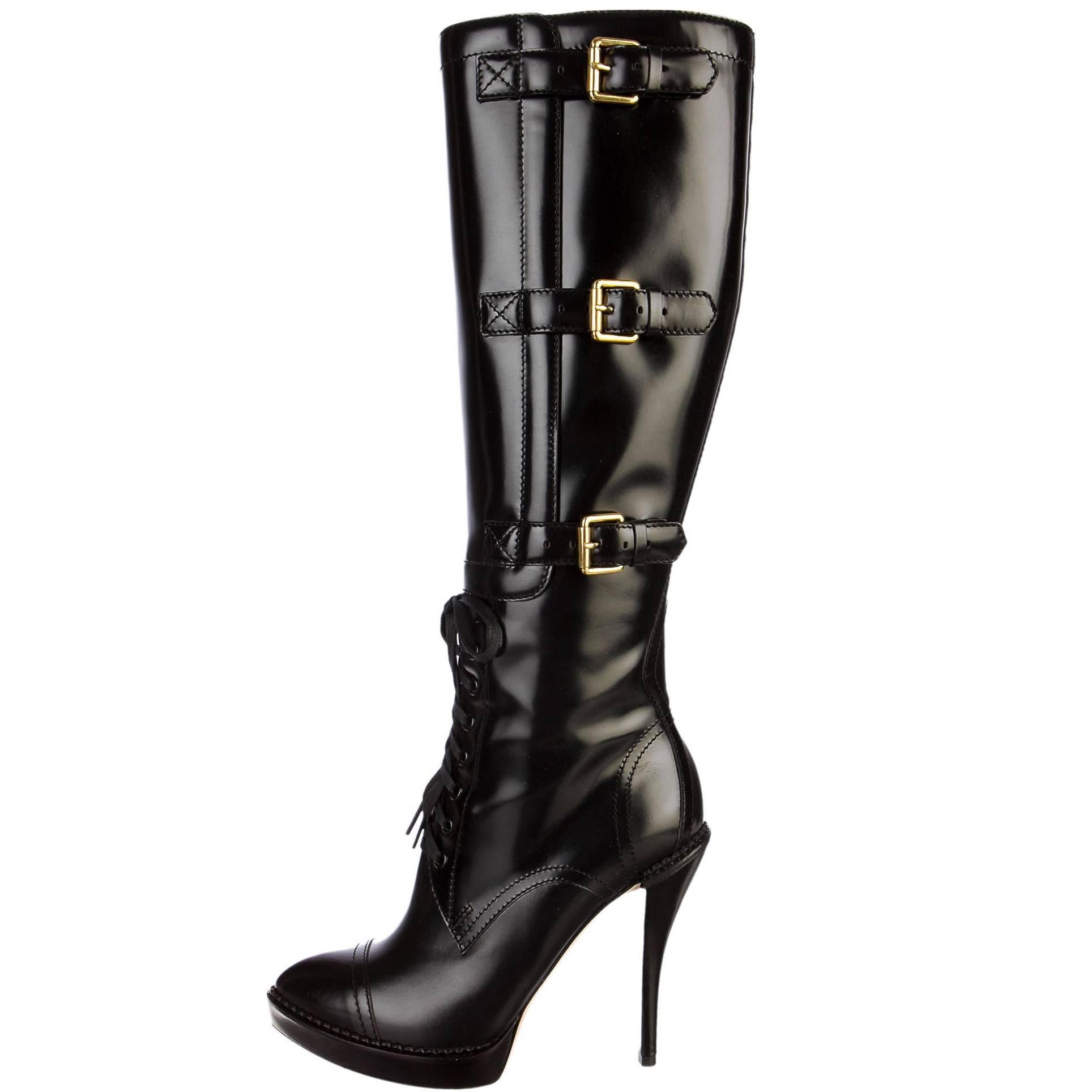 New GUCCI Riddle Leather Lace-Up Buckle Platform Black Boots It.38.5 - US  8.5 at 1stDibs | in buckles or lace riddle, black buckle platform boots,  lace up buckle boots