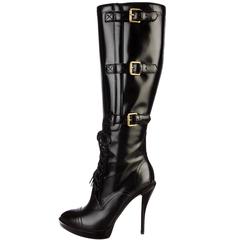 New GUCCI Riddle Leather Lace-Up Buckle Platform Black Boots It.38.5 - US 8.5 6