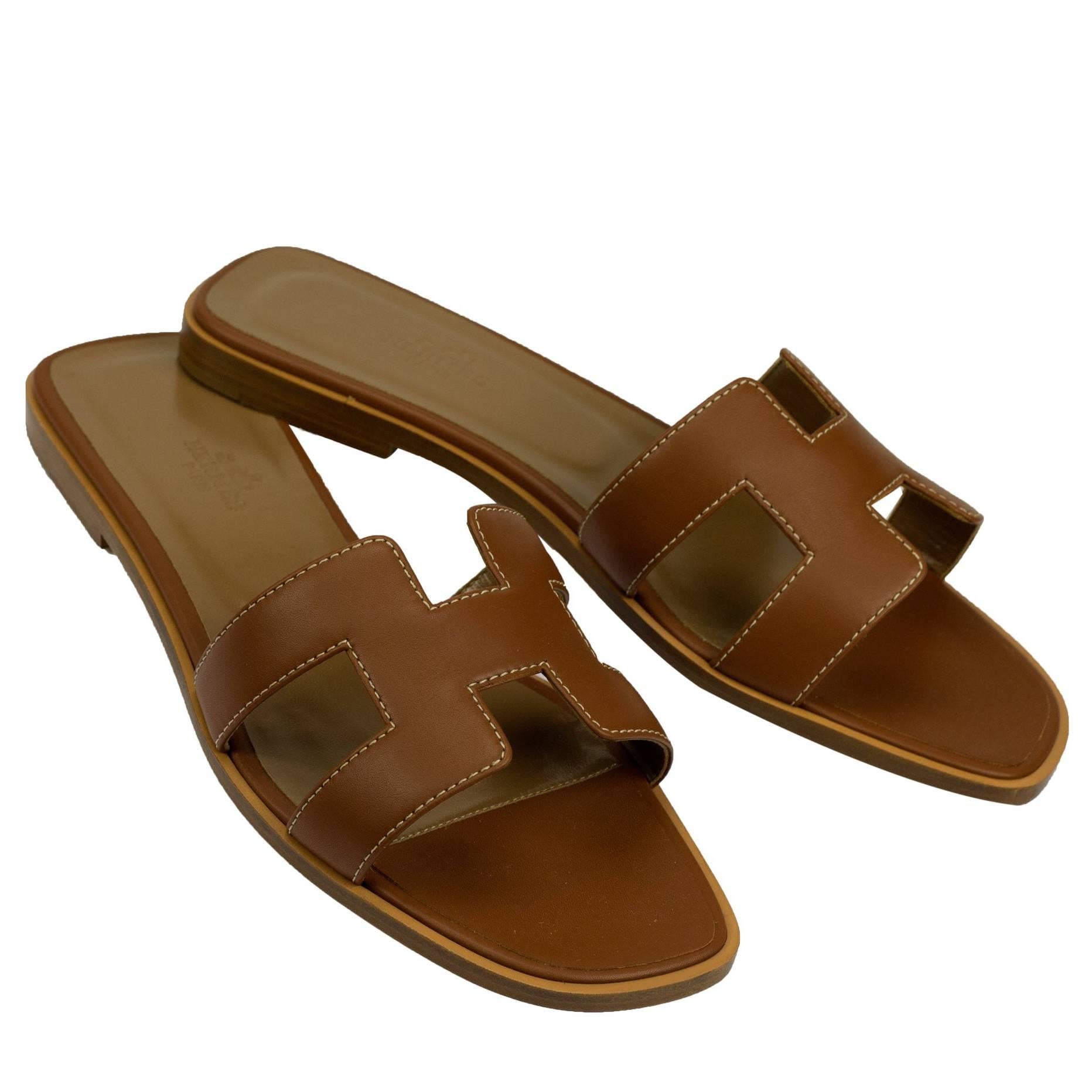 Hermes Woman Sandals "Oran" Box Leather Gold with Ecru Stitching Color 7.5 Size