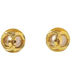 Chanel Vintage Goldtone & Faux Pearl CC Clip On Earrings 