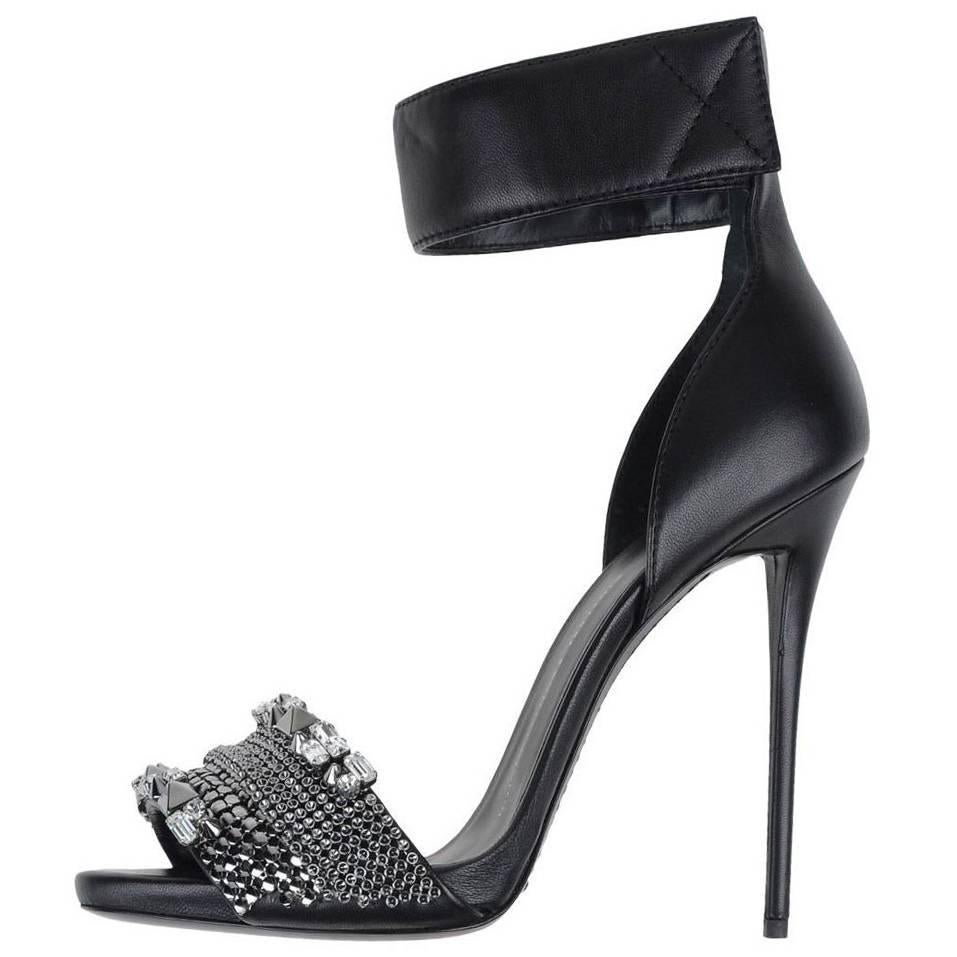 Giuseppe Zanotti New Black Leather Chain Jewel Evening Sandals Heels in Box