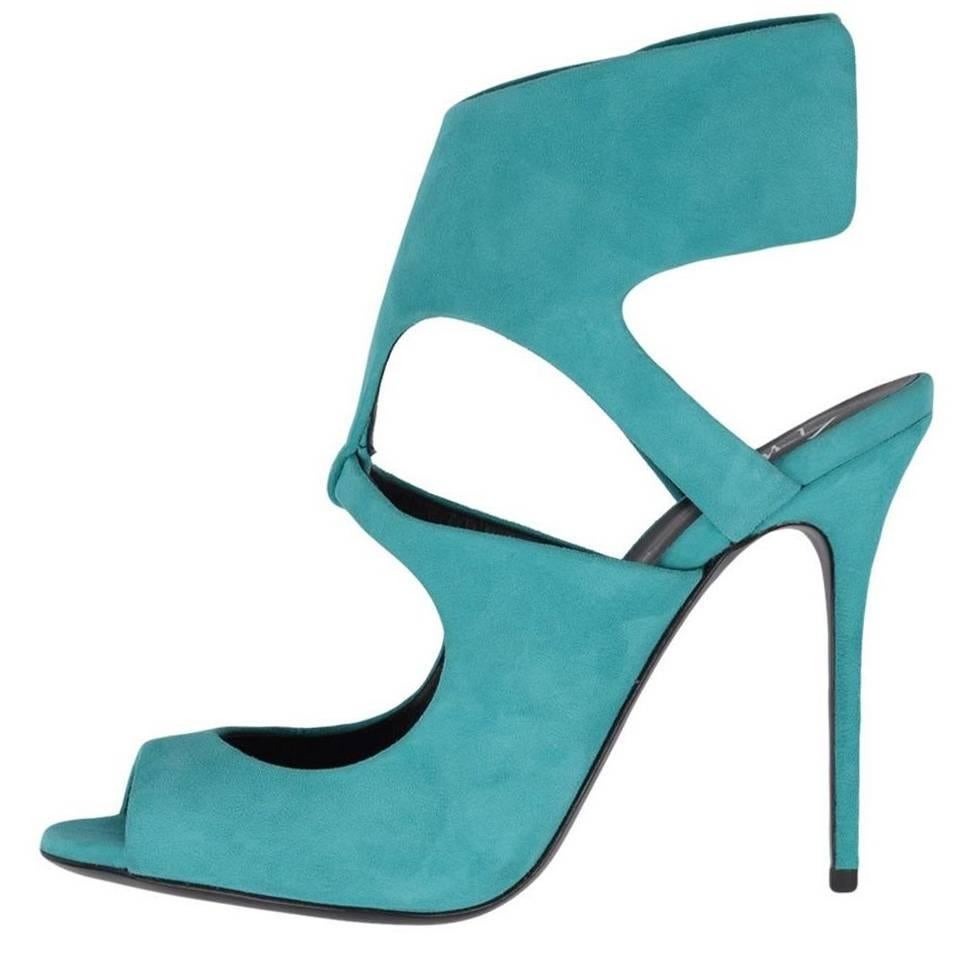 Giuseppe Zanotti New Teal Green Suede Cut Out Evening Sandals Heels in Box