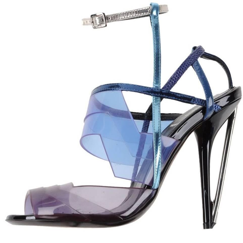 Fendi New Runway Blue Purple Silver Cut Out Sandals Heels in Box