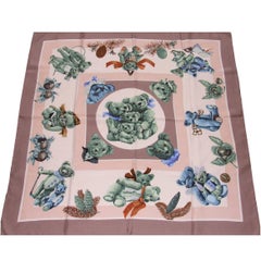 Hermes Silk Scarf Confidents des coeurs Bears Pink Blue 90 cm