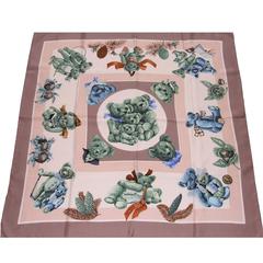 Hermes Silk Scarf Confidents des coeurs Bears Pink Blue 90 cm 2