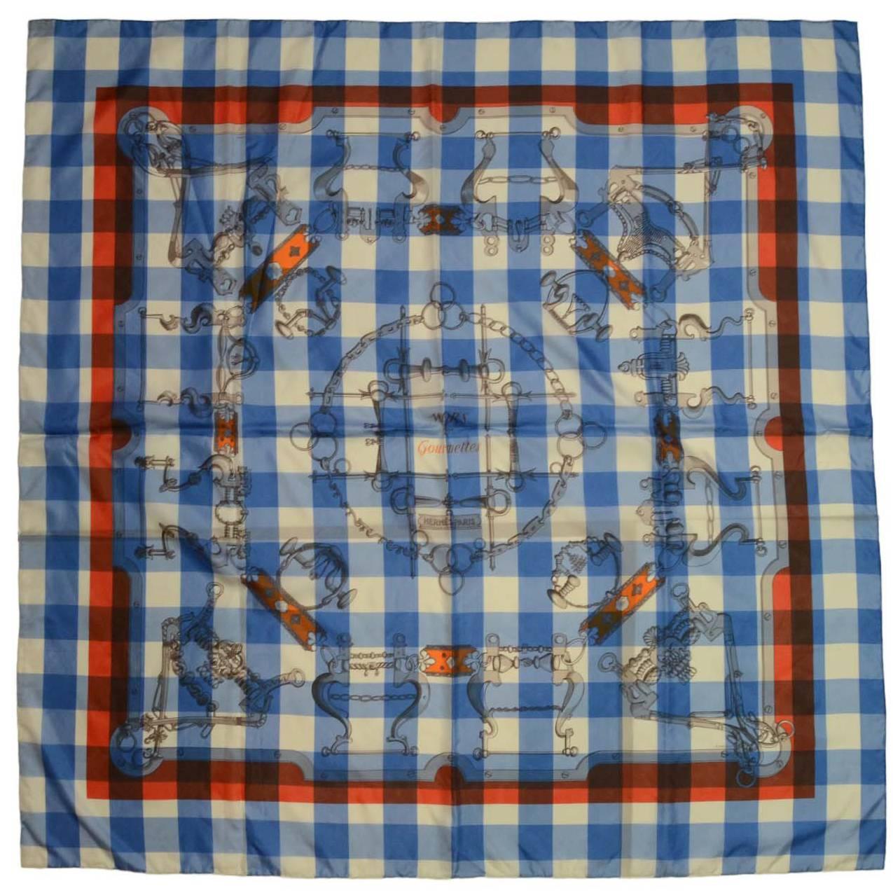 Hermes Collectors Blue/White/Orange 40" Gingham Mors & Gourmettes Scarf