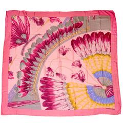 Hermes Pink Dipdye Feather Print Silk 55" Shawl Scarf