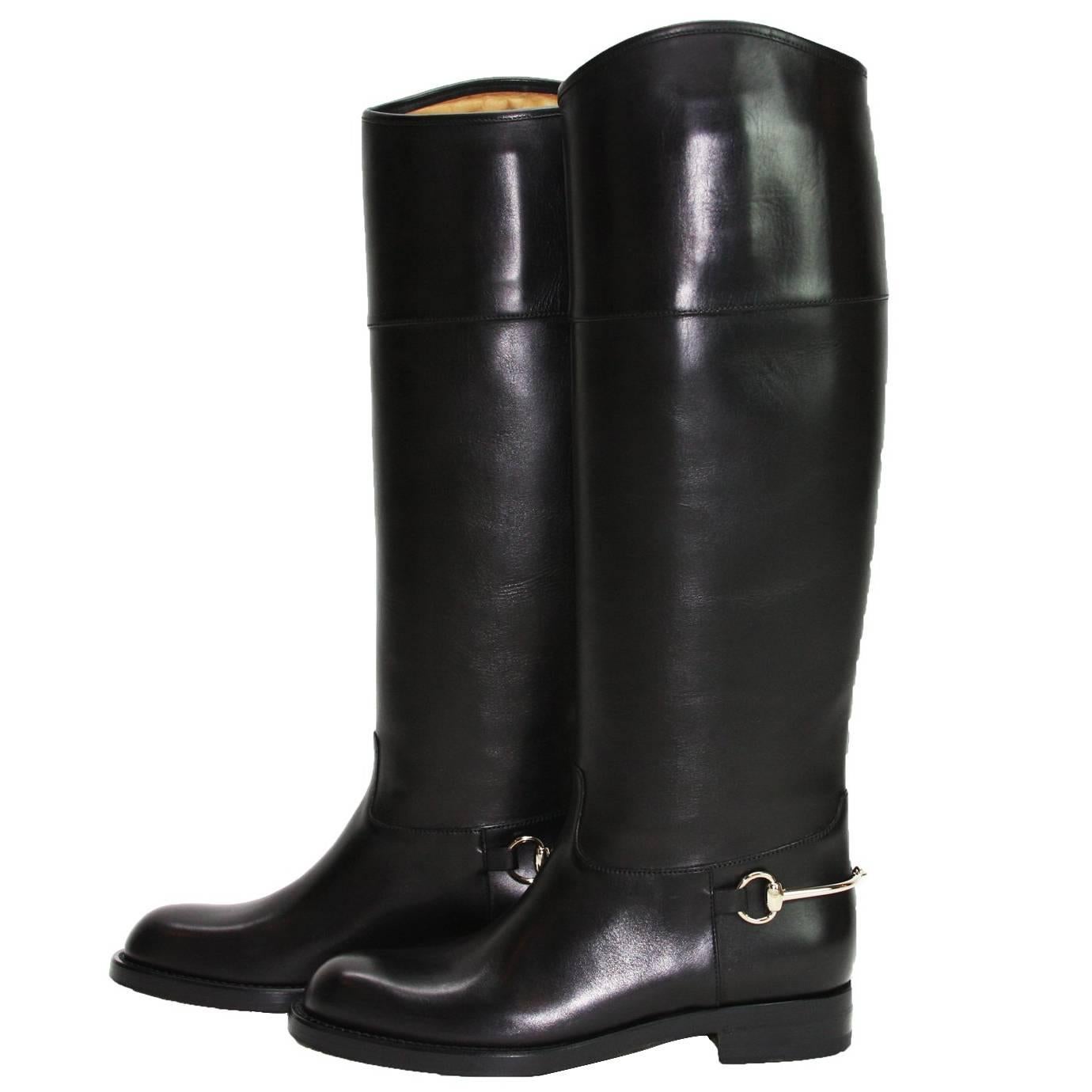 New GUCCI Riding Leather Horsebit Detail Tall Flat Black Boots It 36.5 - US 6.5