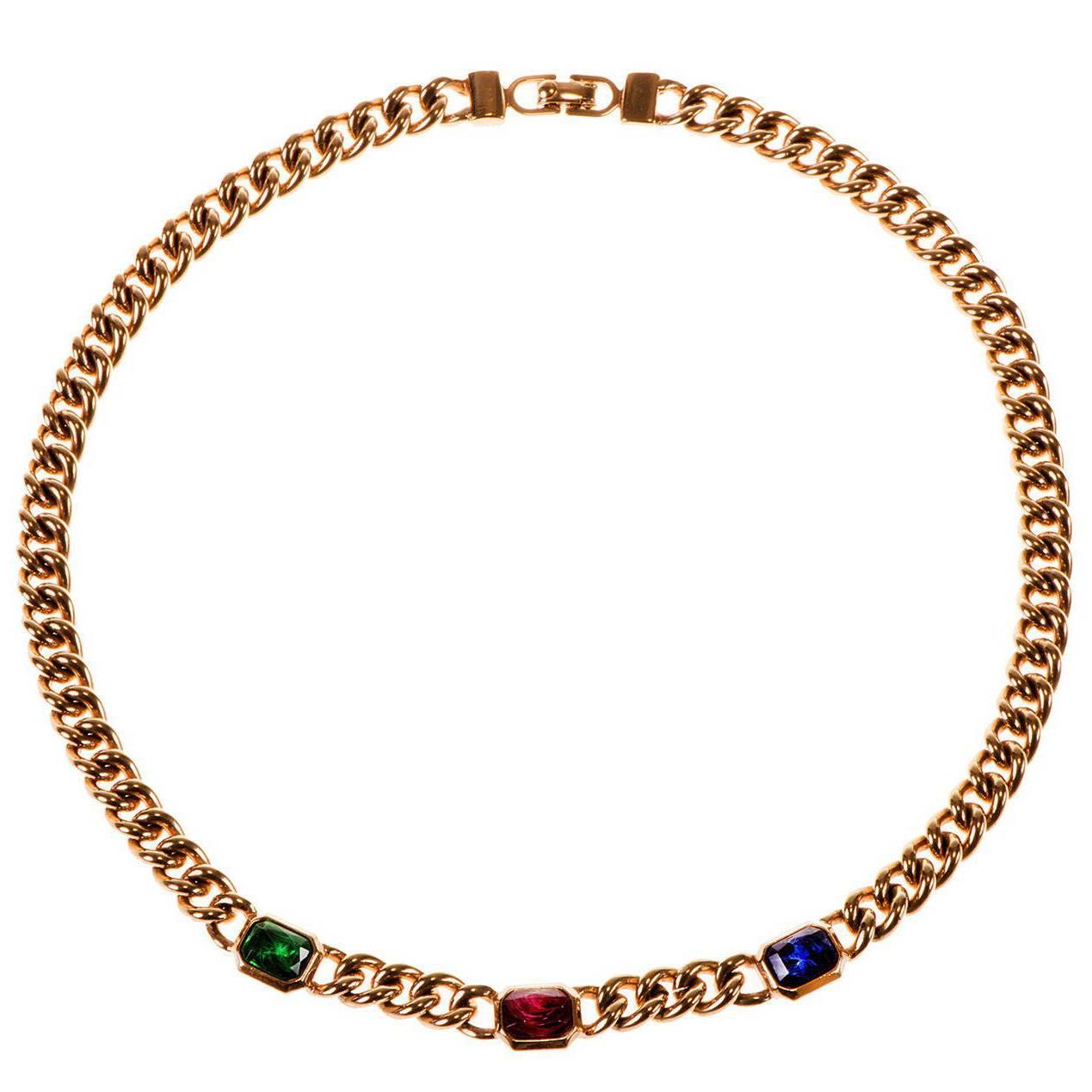Christian Dior Gold-metal  Necklace with Red, Blue & Green Cut Stones For Sale