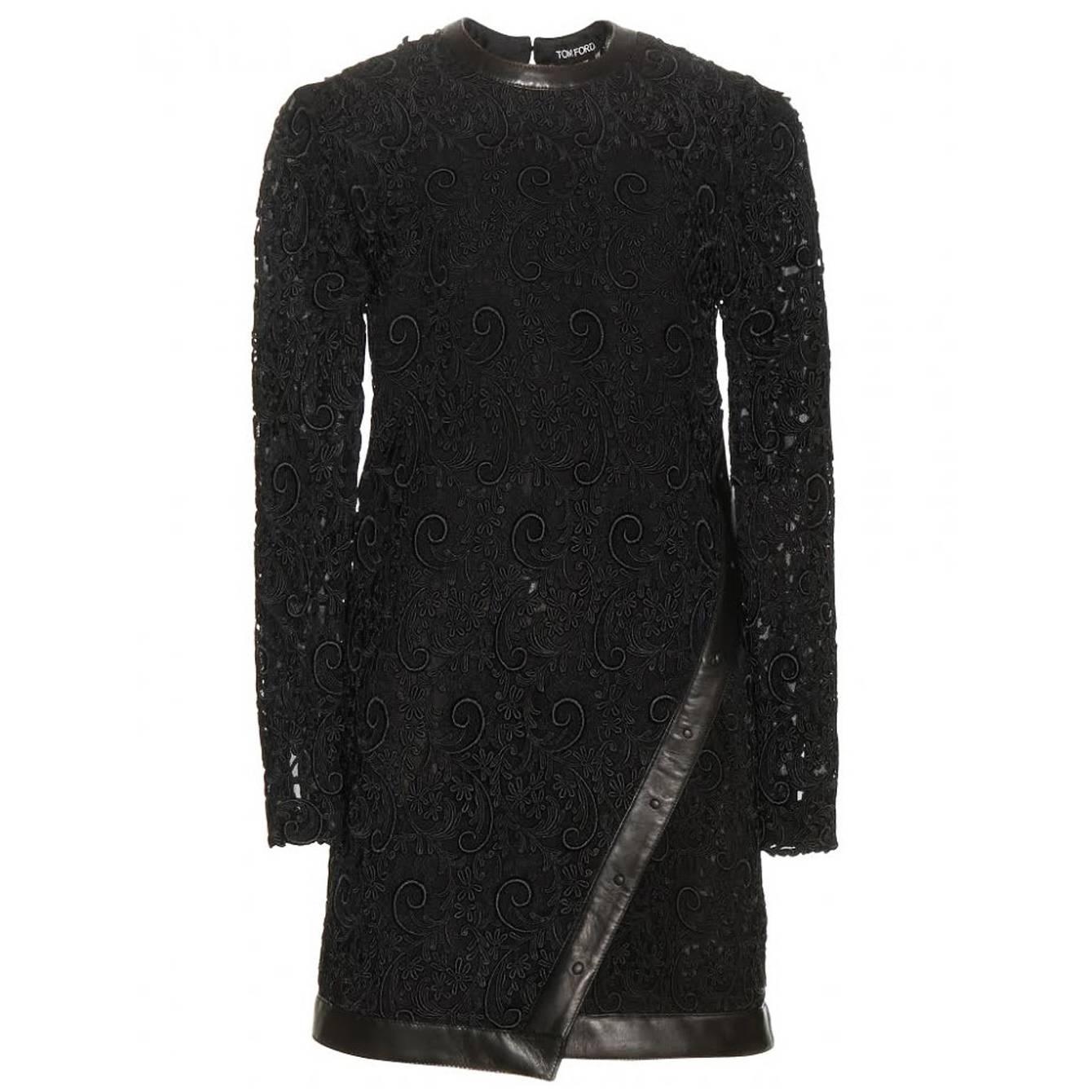 New Tom Ford Leather-Trimmed Guipure Lace Mini Black Dress 36 - US 6 For Sale