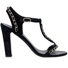 Black Chanel Suede T-Strap Sandals