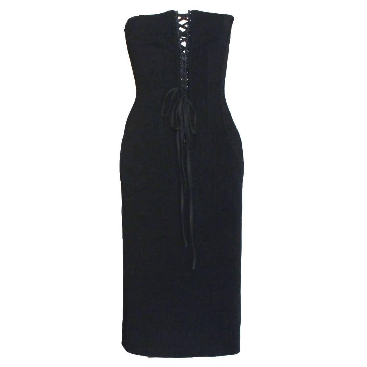 Dolce & Gabbana Hourglass Boned Corset Lace Up Black Dress 