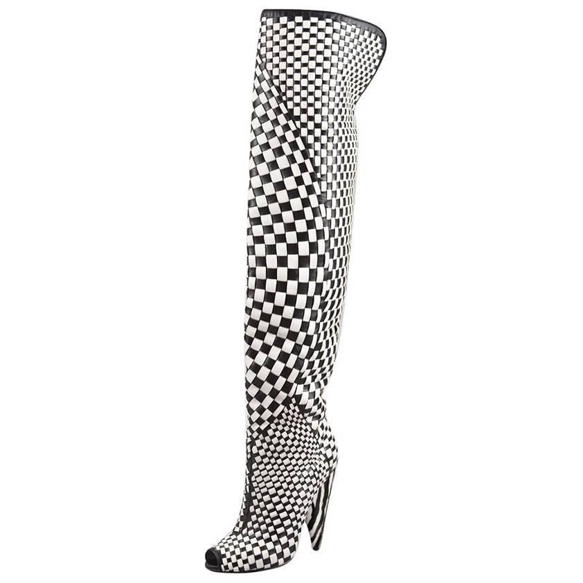 New TOM FORD Black/Chalk Woven Leather Over-the-Knee Boot