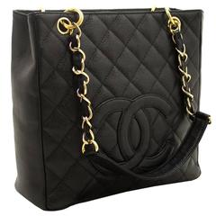 CHANEL Caviar Chain Shoulder Bag Shopping Tote Black Quilted Gold 11