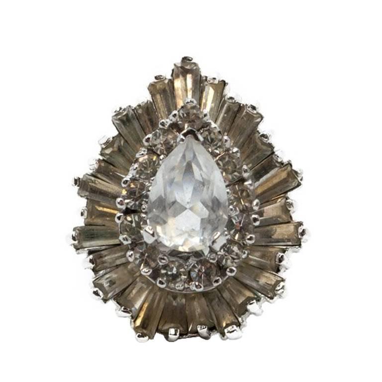 1970s Panetta Silver Colour Ballerina Clear Rhinestone Costume Cocktail Ring