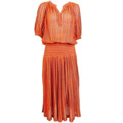 Vintage Missoni linen knit peasant style smocked hip knit dress 1970s