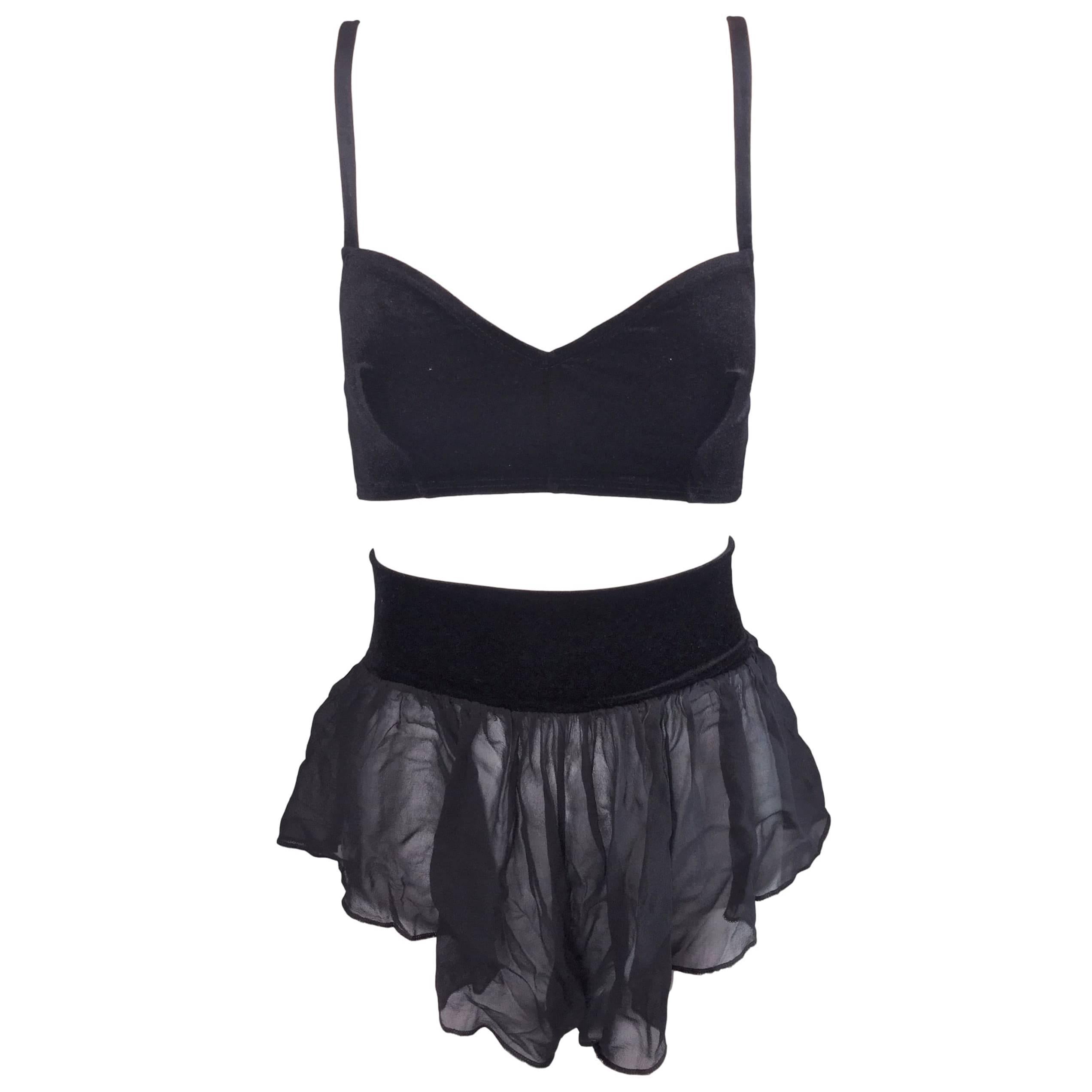 1980's Dolce & Gabbana Black Velvet Bra Top & Sheer Black Silk Shorts Set 40 XS