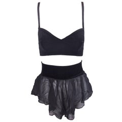 Vintage 1980's Dolce & Gabbana Black Velvet Bra Top & Sheer Black Silk Shorts Set 40 XS